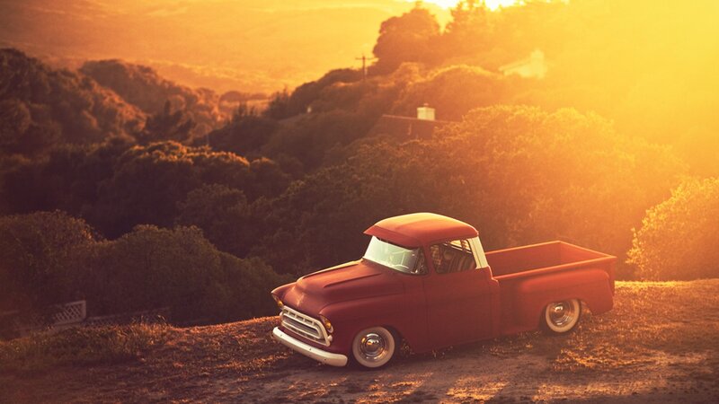 Red truck at sunset
