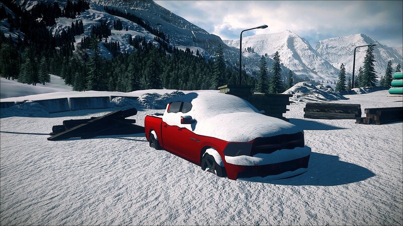 Red truck in snowy mountains