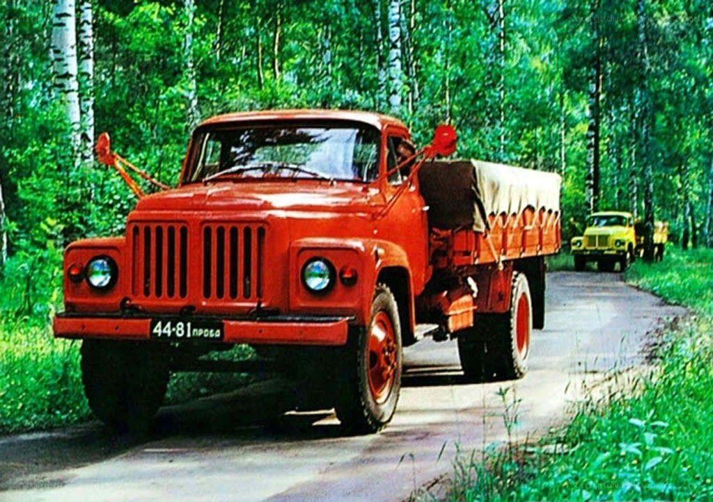 Red truck on forest road