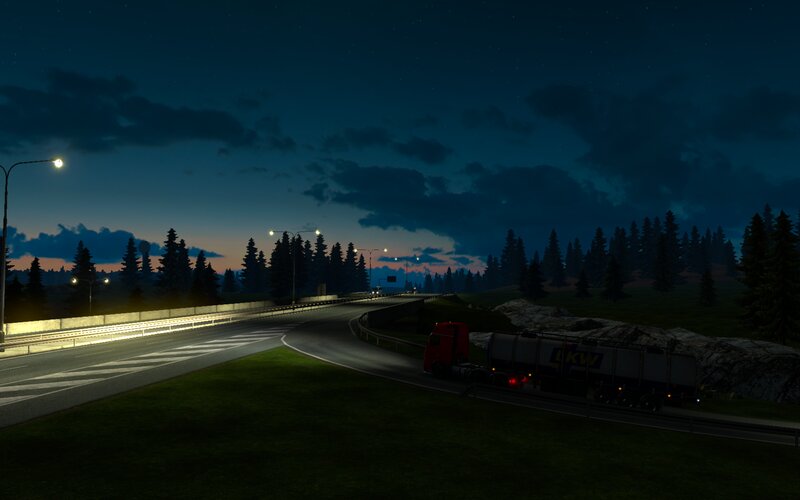 Red Truck on Highway — Dark Blue