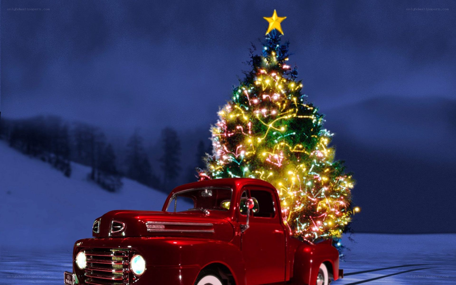 Red truck with Christmas tree