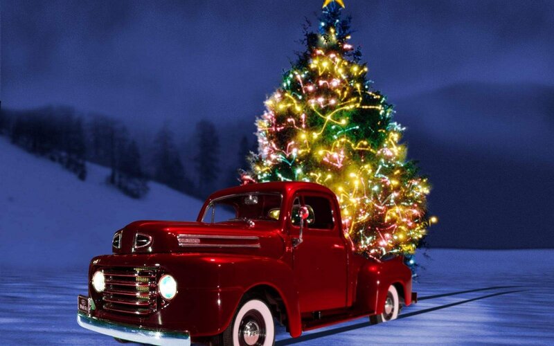 Red Truck with Christmas Tree — Festive, Night