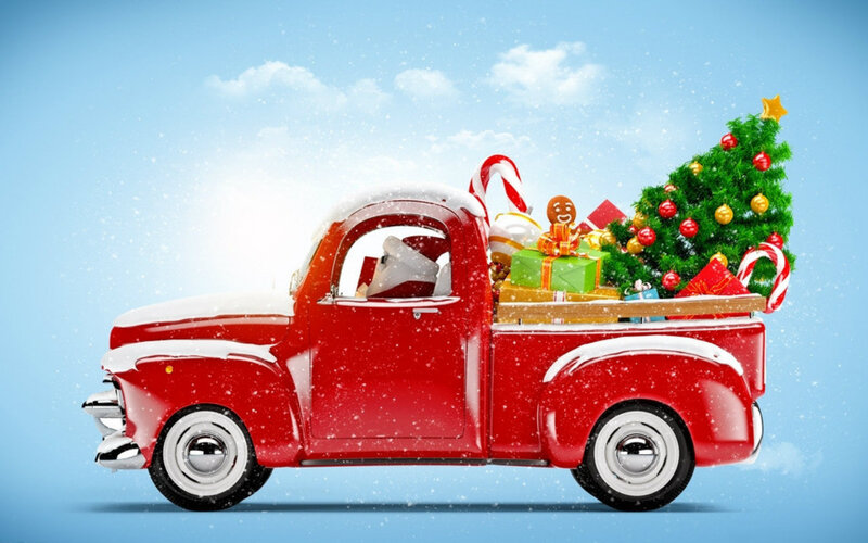Red Truck with Christmas Tree — Festive, Winter, 3d Render, Christmas Tree