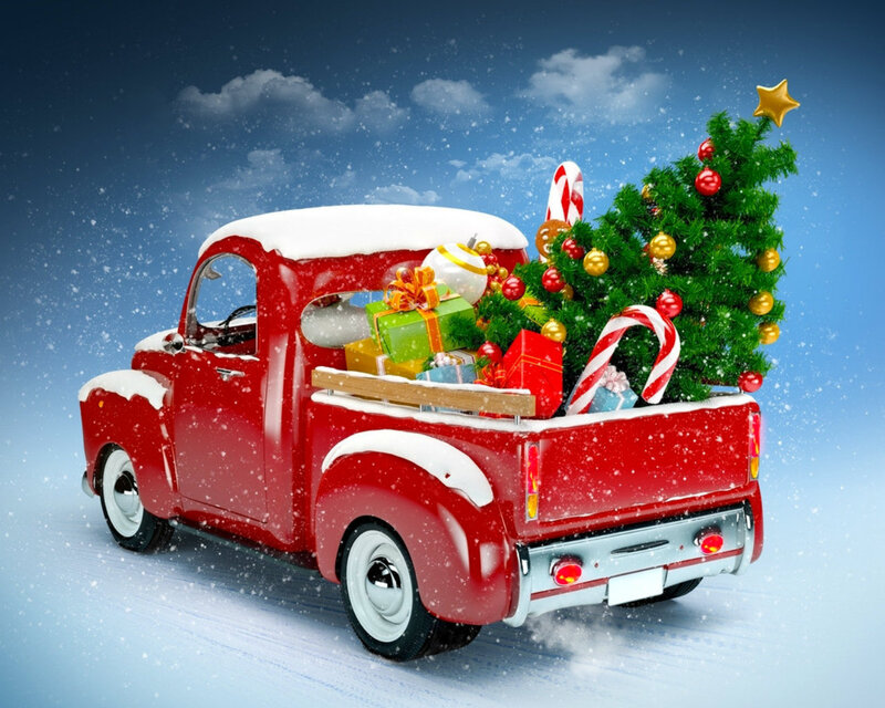 Red Truck with Christmas Tree — Festive, Winter, 3d Render