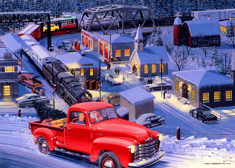 Red Truck with Christmas Tree — Festive, Winter, Illustration