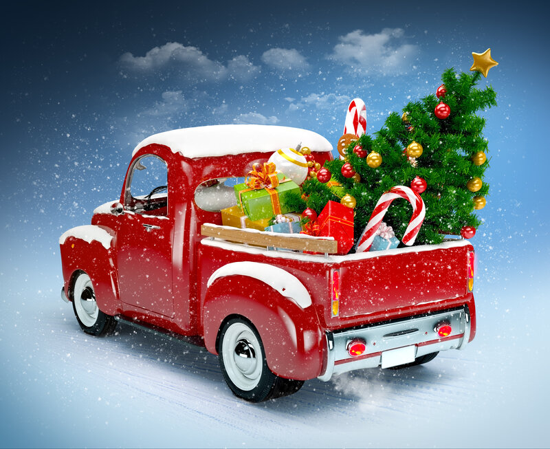 Red Truck with Christmas Tree — Festive, Winter