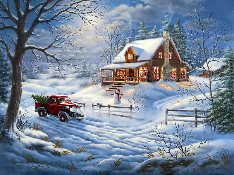 Red Truck with Christmas Tree — White, Peaceful