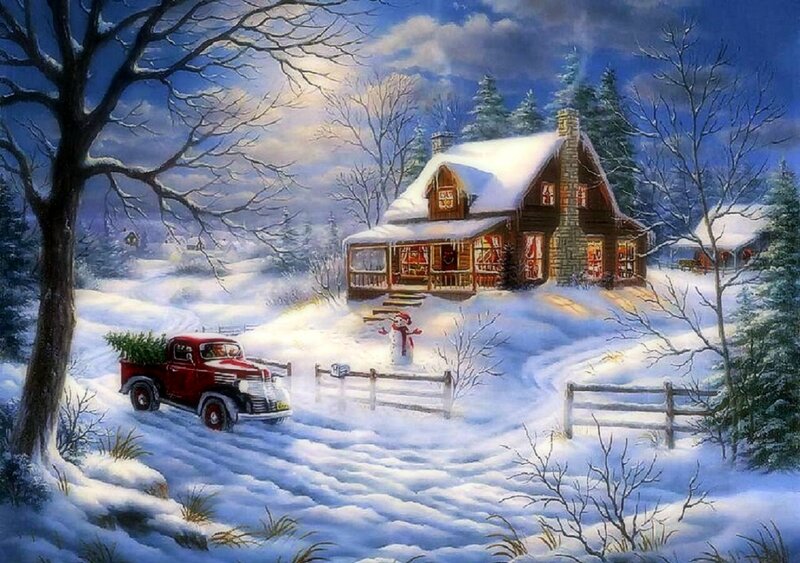 Red Truck with Christmas Tree — White, Peaceful, Winter, Painting