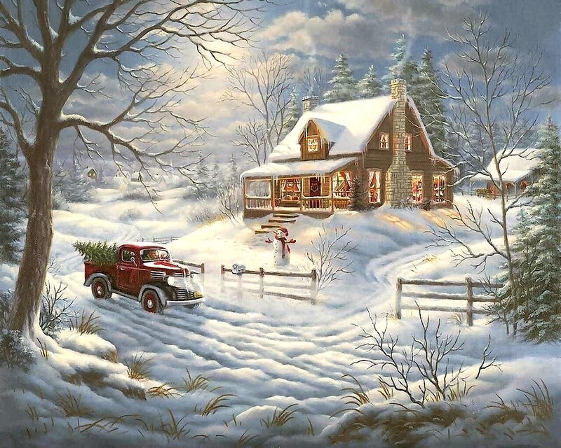 Red Truck with Christmas Tree — White, Peaceful, Winter