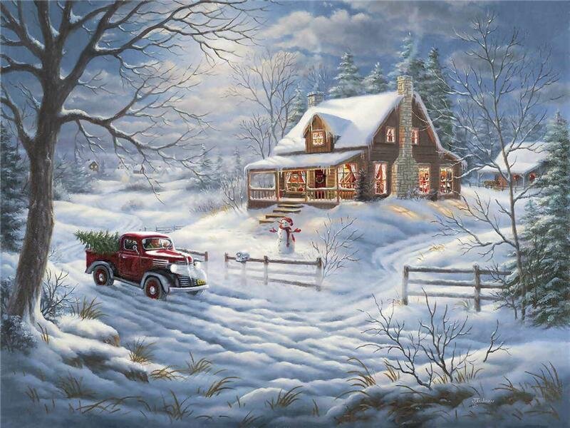 Red Truck with Christmas Tree — White