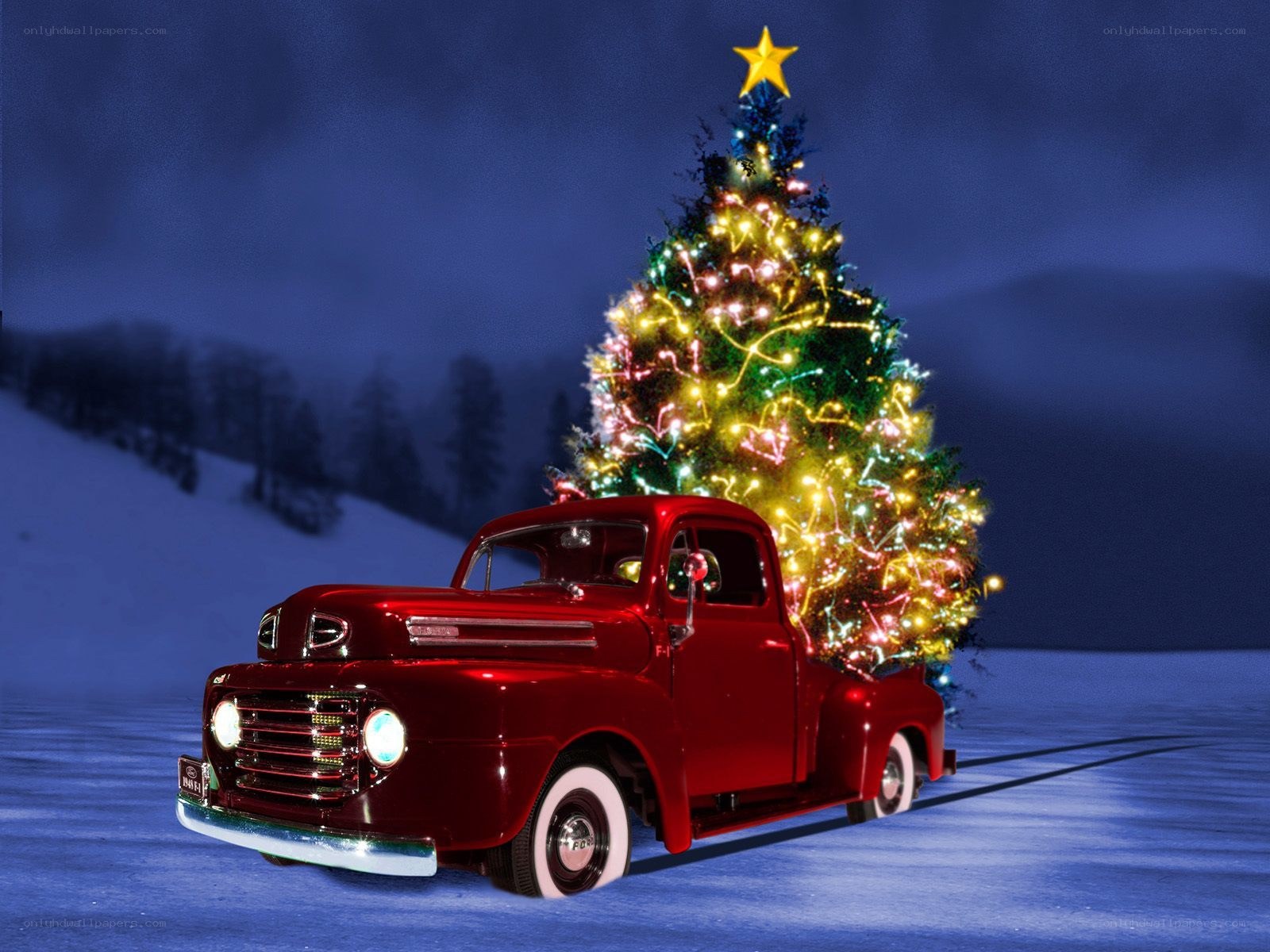 Red truck with Christmas tree