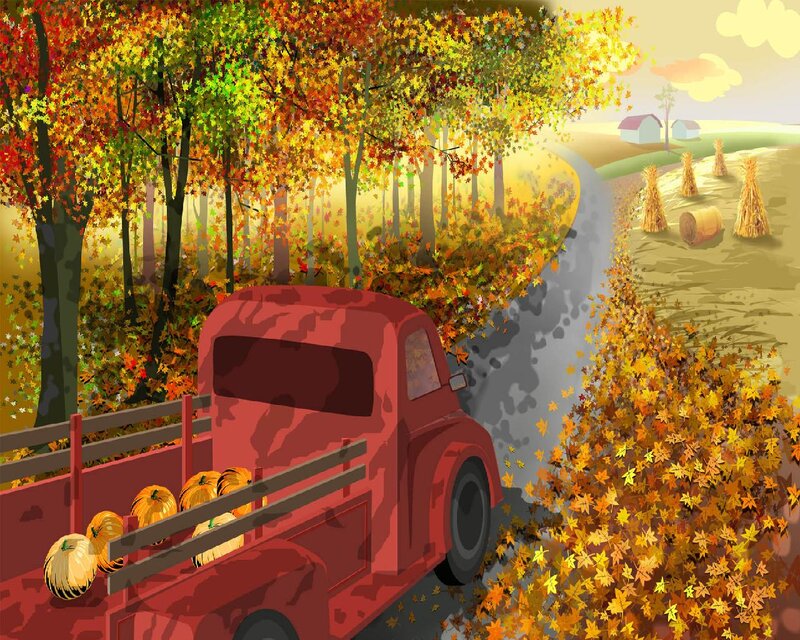 Red Truck with Pumpkins
