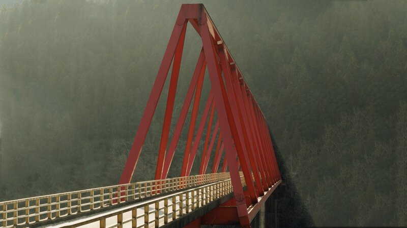 Red truss bridge in forest