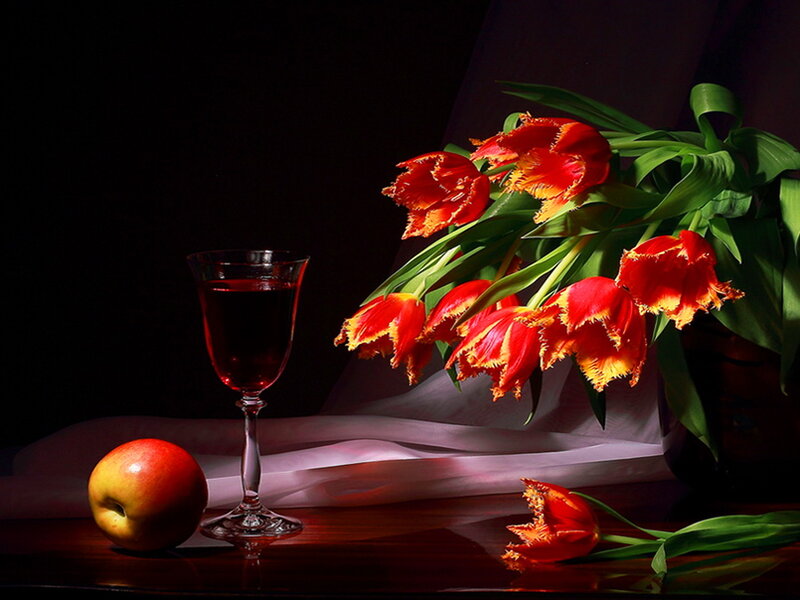 Red Tulips and Apple