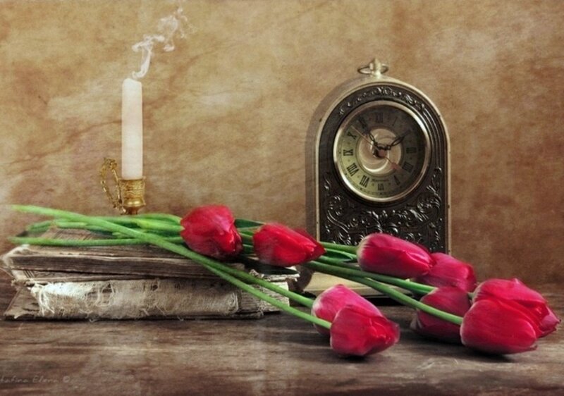 Red Tulips and Clock