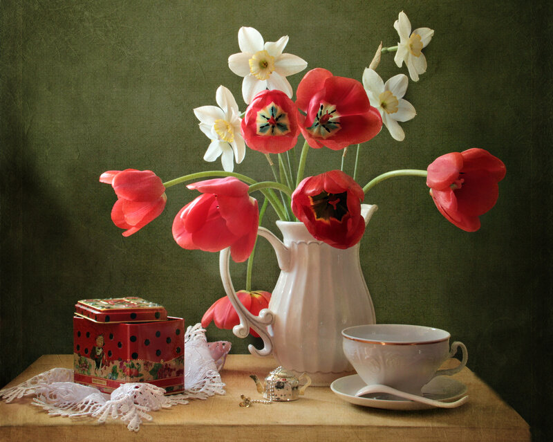 Red Tulips and Daffodils — White