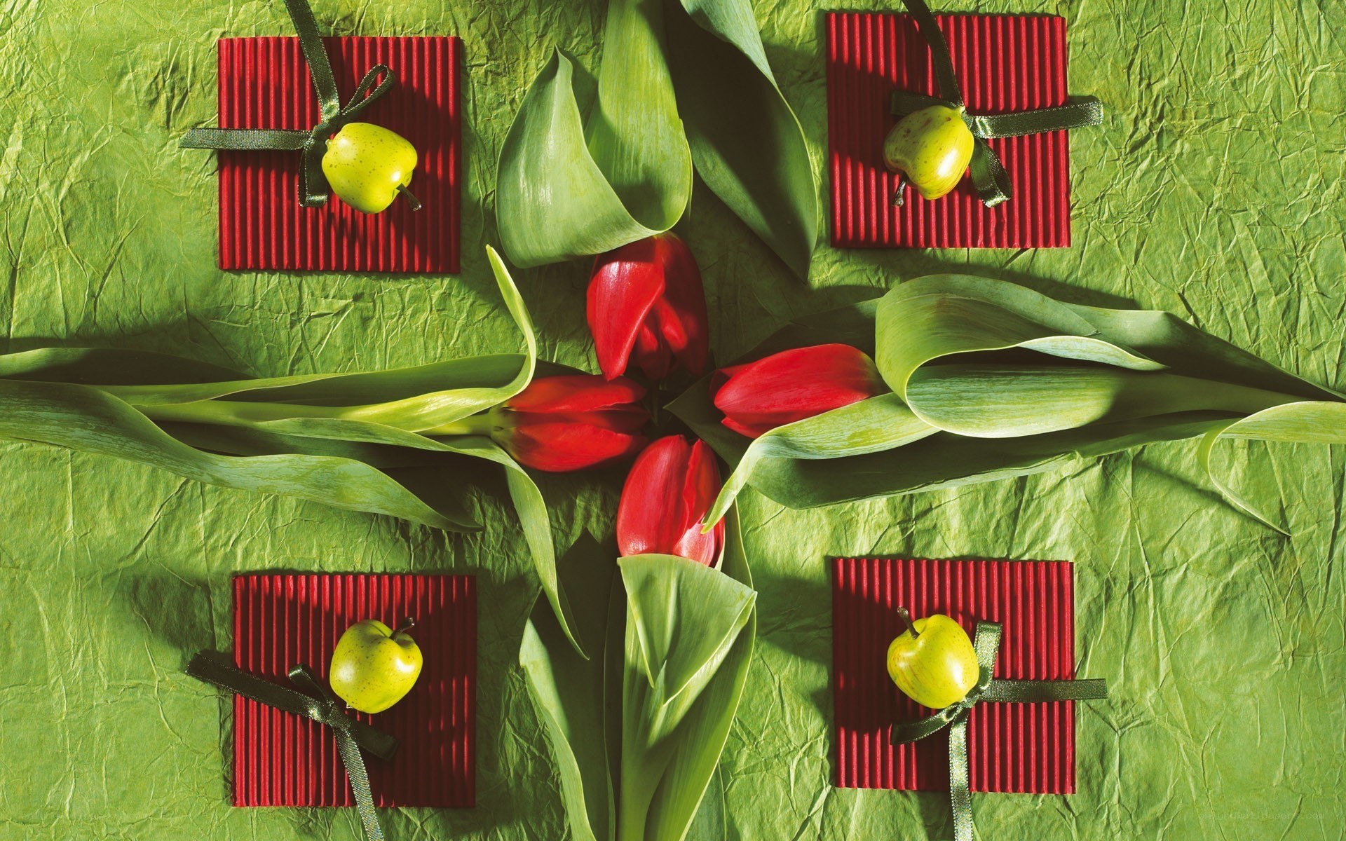 Red tulips and green apples