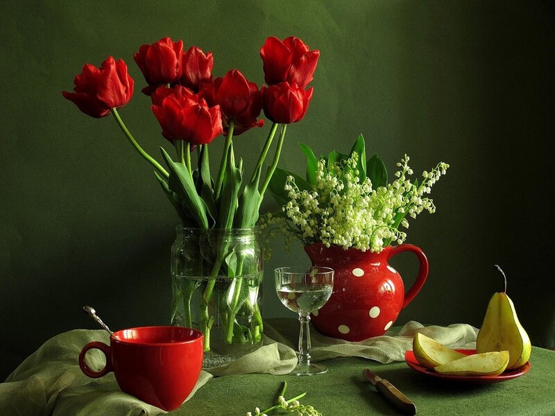 Red Tulips and Pears