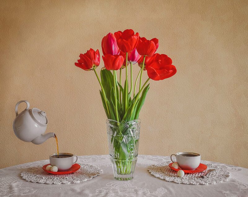 Red Tulips and Tea Set — Serene, Morning