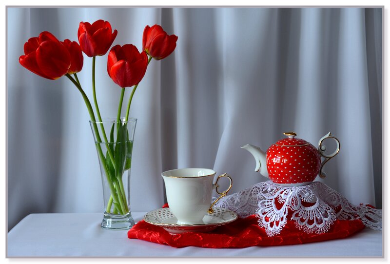 Red Tulips and Tea Set — Serene, Photograph