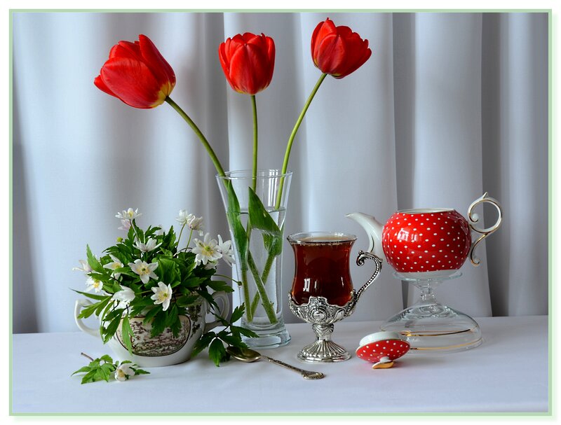 Red Tulips and Tea Set — Serene