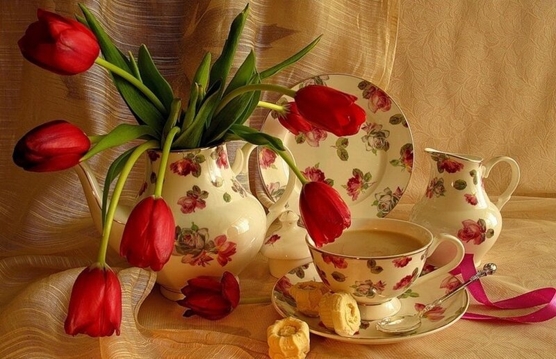 Red Tulips and Tea Set