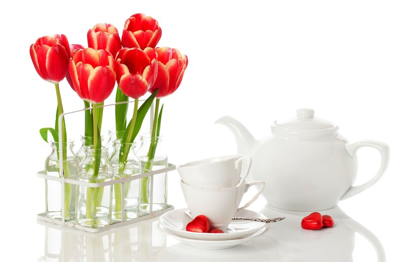 Red Tulips and Tea Set — White, Serene, Photograph
