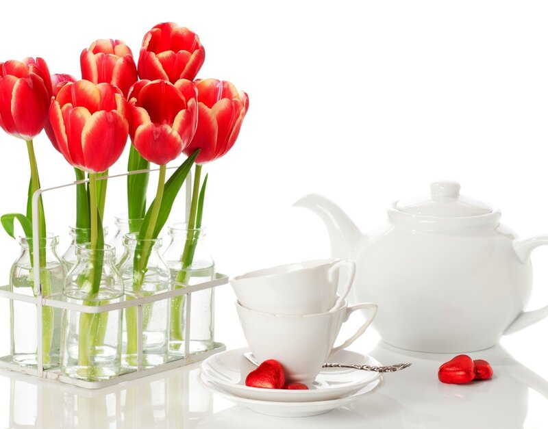 Red Tulips and Tea Set — White, Serene