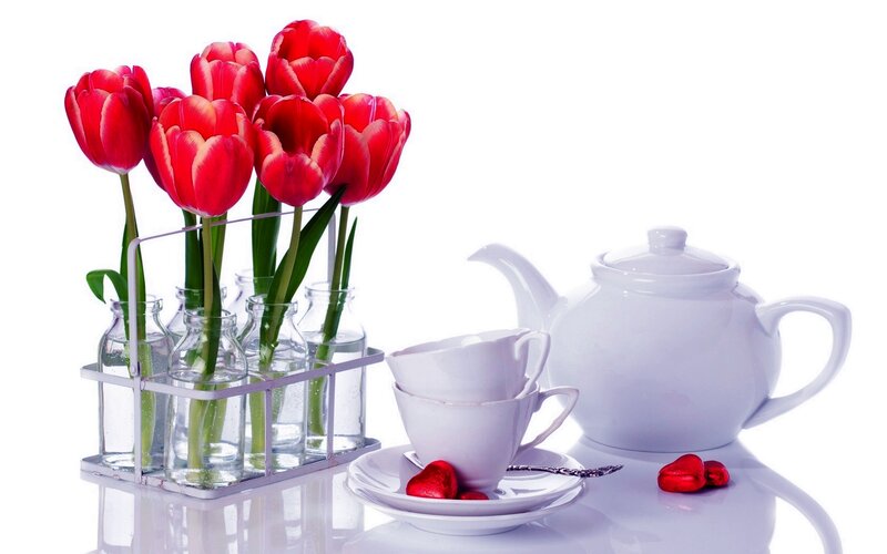 Red Tulips and Tea Set — White