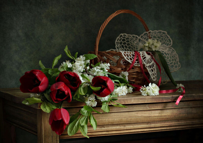 Red Tulips and White Blossoms