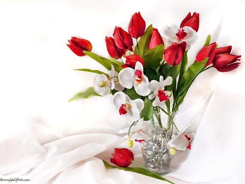 Red Tulips and White Orchids