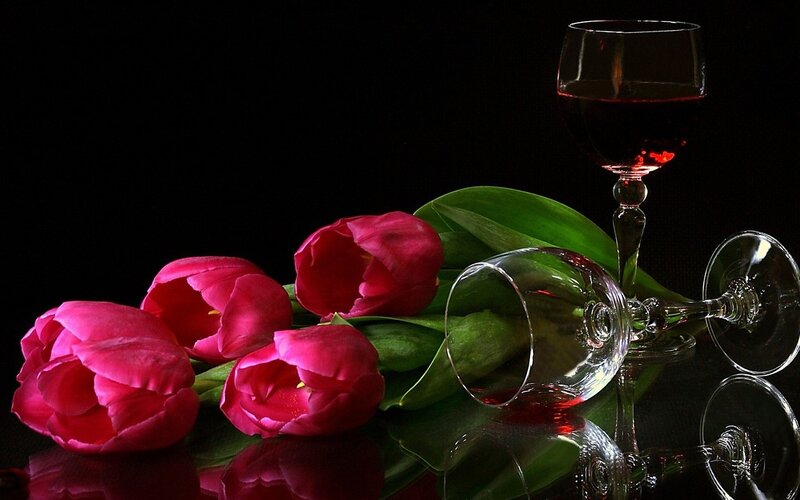 Red Tulips and Wine Glasses