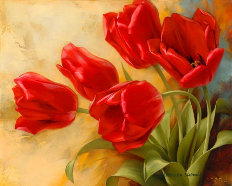 Red Tulips Bouquet — Calm, Painting, Green Leaves
