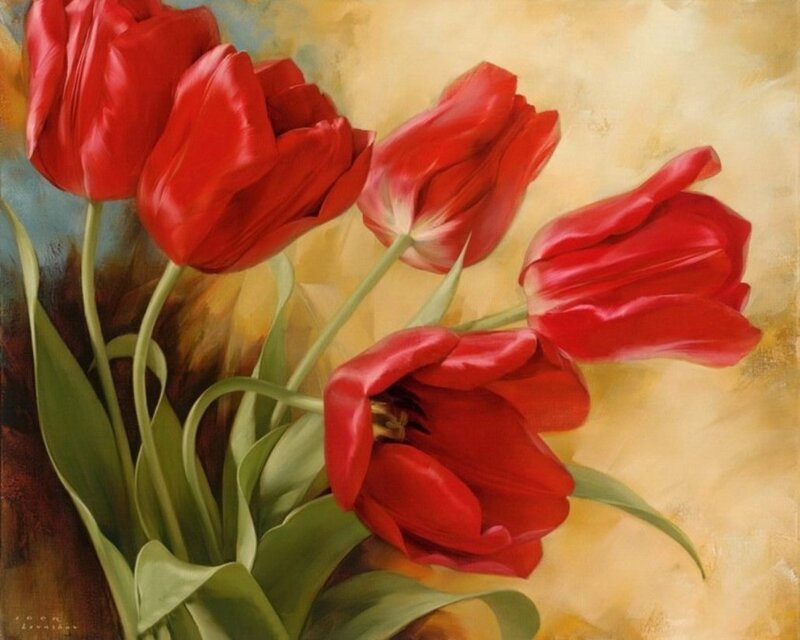 Red Tulips in a Bouquet — Calm, Painting