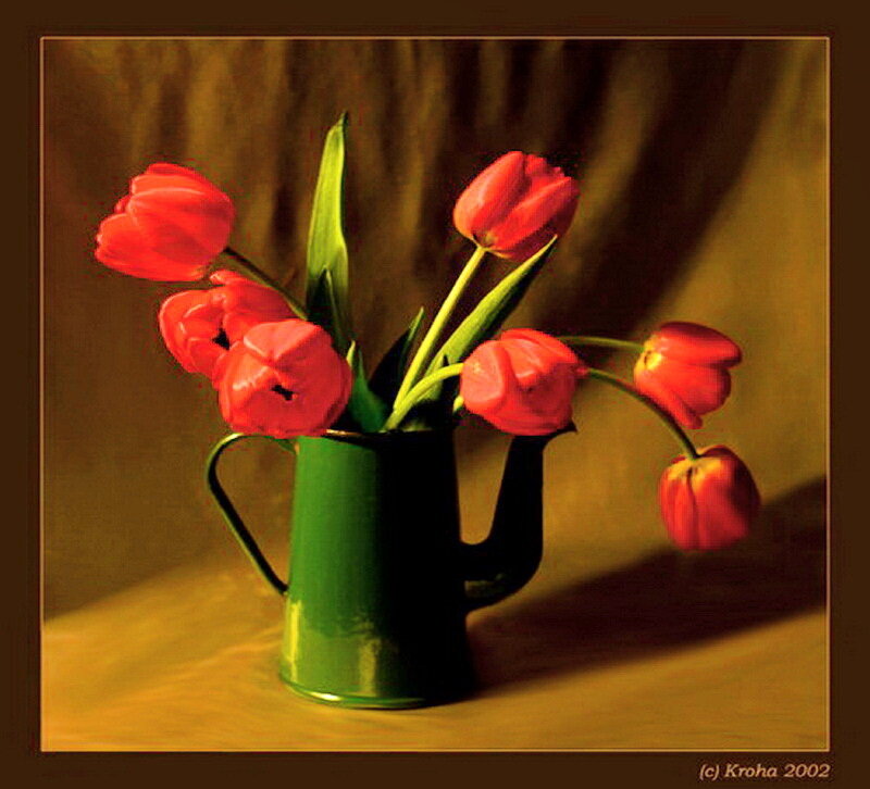 Red Tulips in a Green Pitcher