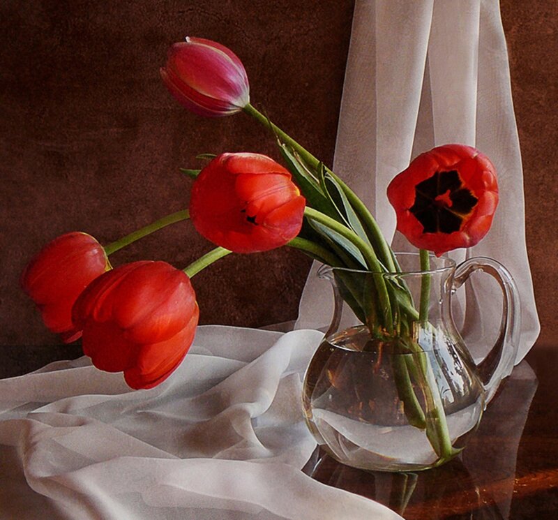 Red Tulips in a Pitcher — Calm