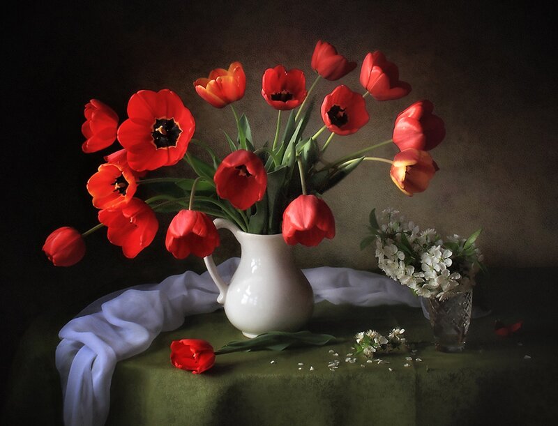 Red Tulips in a Pitcher — Dramatic