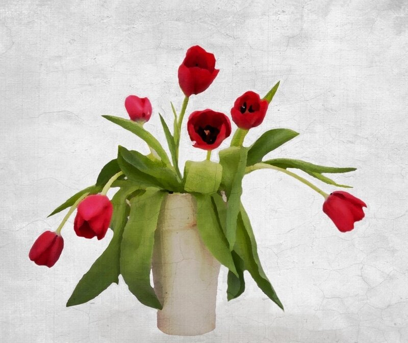 Red Tulips in a Vase — Calm, Painting