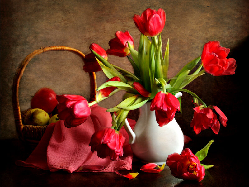 Red Tulips in a Vase — Dramatic, Photograph