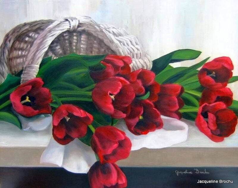 Red Tulips in Basket — Calm, Painting