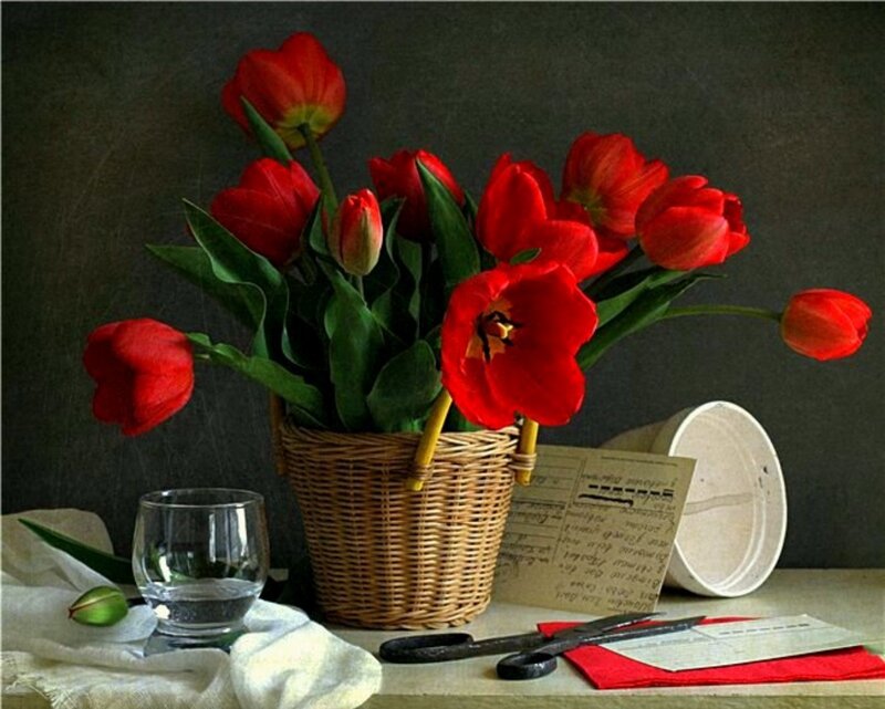Red Tulips in Basket — Calm, Photograph