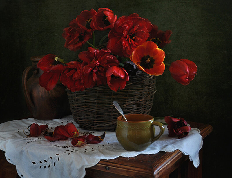 Red Tulips in Basket — Dramatic, Photograph, Cup
