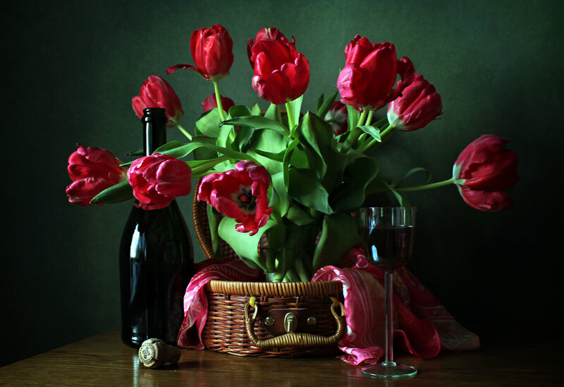Red Tulips in Basket — Dramatic, Photograph, Wine Bottle
