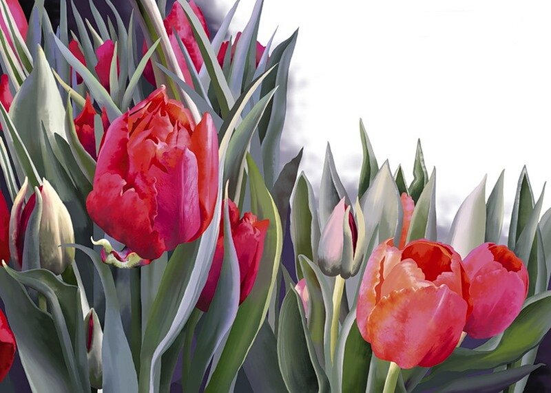 Red Tulips in Bloom — Calm, Spring, Painting