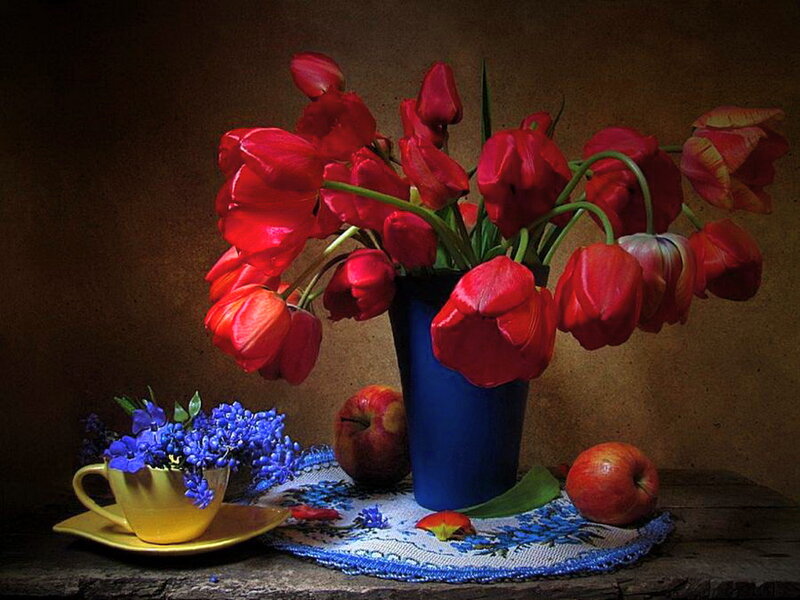 Red Tulips in Blue Vase — Dramatic