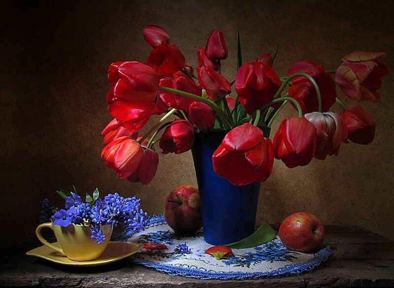 Red Tulips in Blue Vase