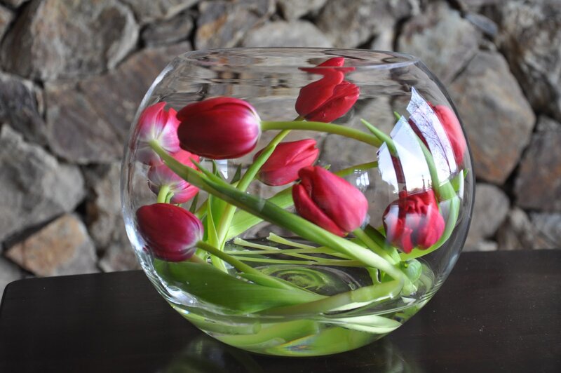 Red Tulips in Glass Bowl