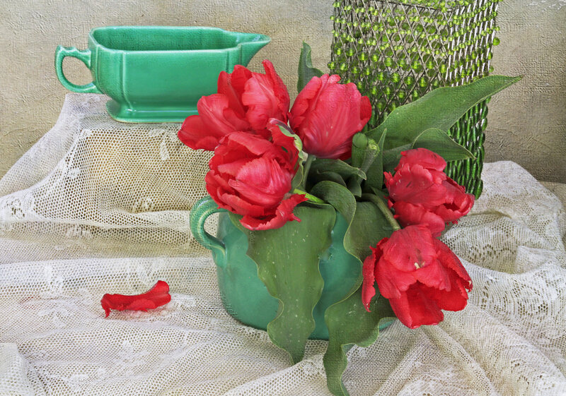 Red Tulips in Green Pitcher