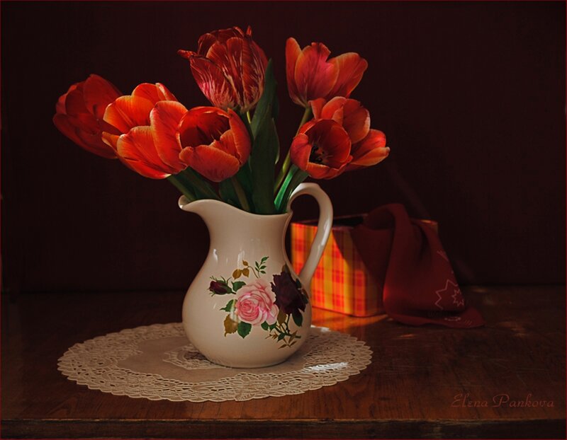 Red Tulips in Pitcher — Dramatic, Photograph