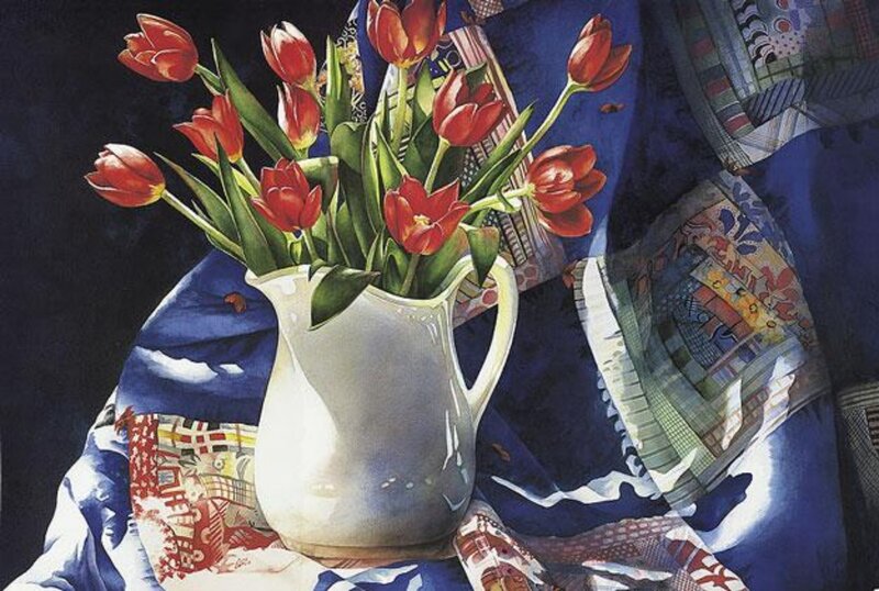 Red Tulips in Pitcher — Dramatic